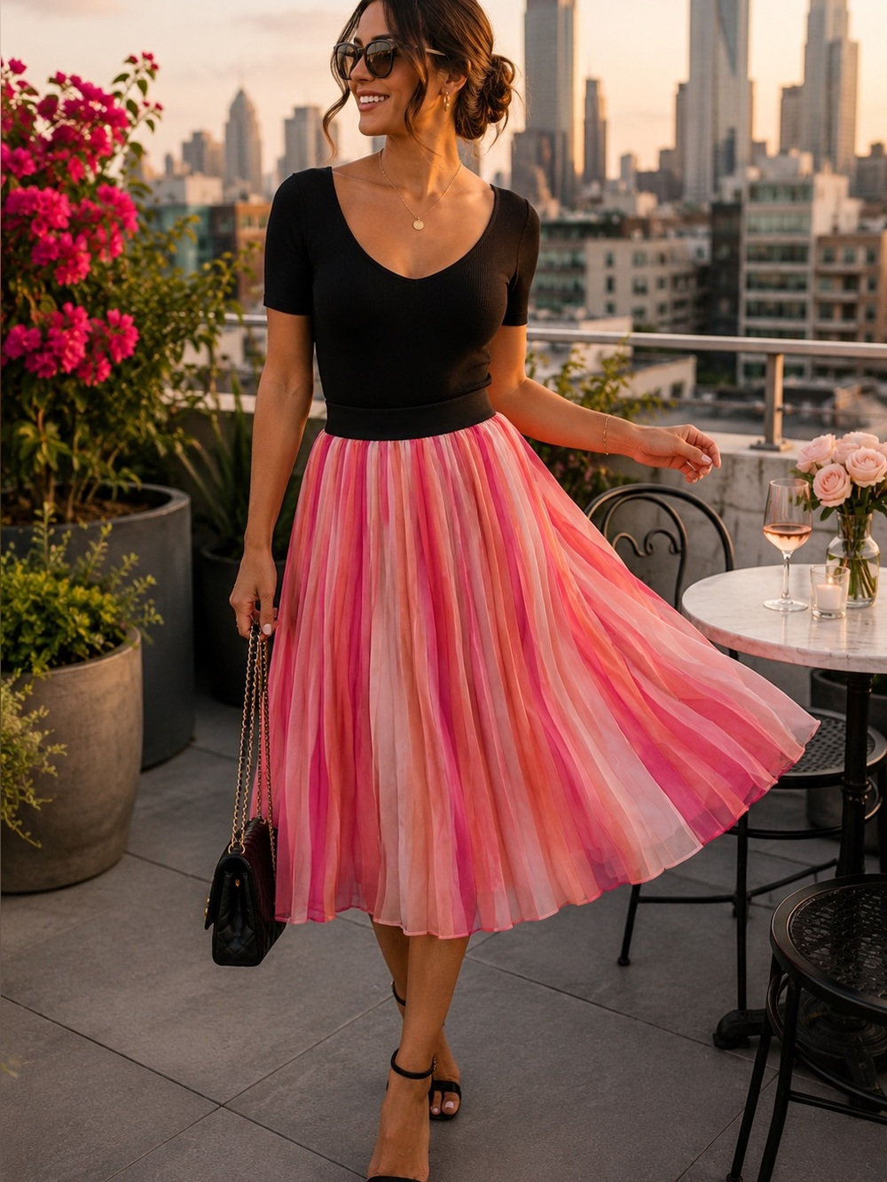 Brittany Humble Pleated Multi-colored Skirt With Black Waistband size Medium